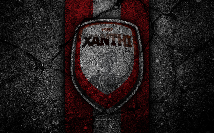 4k, Xanthi FC, logotipo, Grecia Super League, el f&#250;tbol, el asfalto, la textura, el emblema, el griego club de f&#250;tbol de la piedra negra, Xanthi, Grecia, FC Xanthi