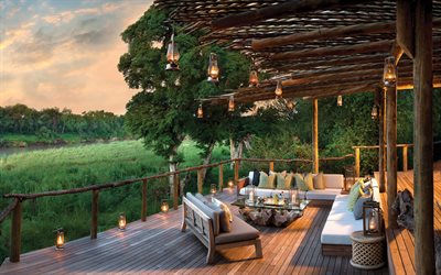 Lion Sands, River Lodge, terrasse, h&#244;tels de luxe, Parc National Kruger, en Afrique du Sud