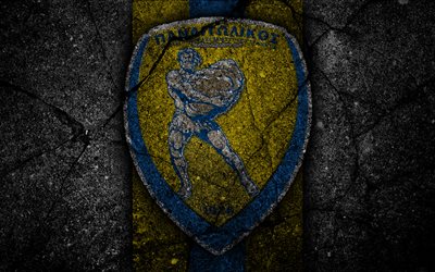 4k, Panetolikos FC, logo, Greece Super League, football, asphalt texture, soccer, emblem, Greek football club, black stone, Panetolikos, Greece, FC Panetolikos