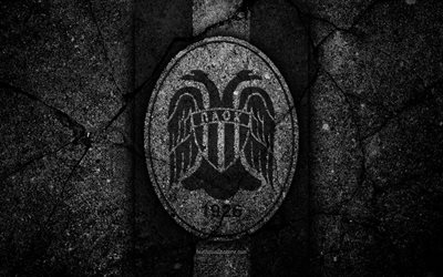 4k, O PAOK FC, logo, Super Liga Da Gr&#233;cia, futebol, a textura do asfalto, emblema, Grego futebol clube, pedra preta, O PAOK, Gr&#233;cia