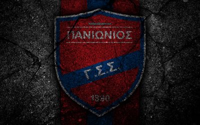 4k, Panionios FC, logo, Greece Super League, football, asphalt texture, soccer, emblem, Greek football club, black stone, Panionios, Greece, FC Panionios