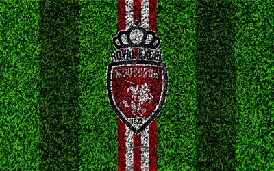Mouscron FC, Royal Excel Mouscron, 4k, Belgian football club, football pitch, logo, white maroon lines, Jupiler League, grass texture, Mouscron, Belgium, Belgian First Division A
