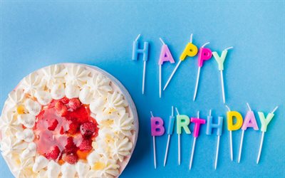 Happy Birthday, colorful flowers, Birthday concepts, cake on blue background, cream, dessert, sweets