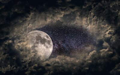 القمر, السماء المرصعة بالنجوم, 4k, ليلة, الغيوم, سماء الليل