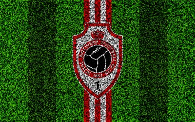 Royal Antwerp FC 4k, Belgian football club, football pitch, logo, red white lines, Jupiler League, grass texture, Antwerp, Belgium, Belgian First Division A