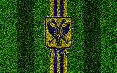 Sint-Truidense VV, St Trond FC, STVV, 4k, club de football Belge, terrain de football, le logo jaune bleu lignes, Jupiler pro League, texture d&#39;herbe, Saint-Trond, Belgique, Belge de Premi&#232;re Division d&#39;Un