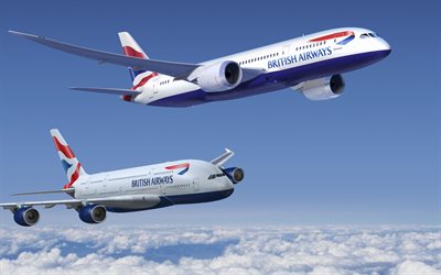 4k, Airbus A380, British Airways, two planes, passenger plane, A380, civil aviation, Airbus