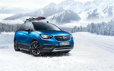 Opel Crossland X, 2018, tourist accessories, roof rack for skis, blue crossover, winter, snow, new blue Crossland X, German cars, Opel