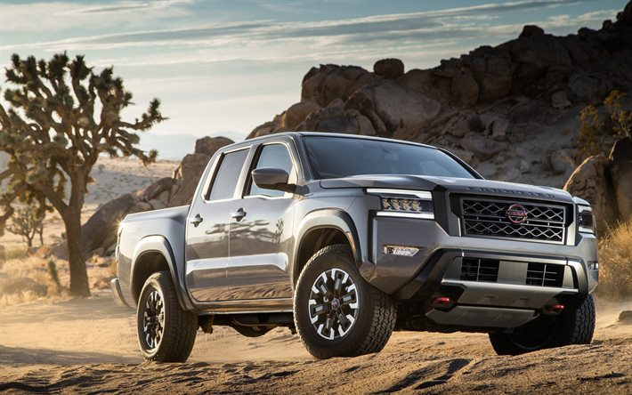 2022, Nissan Frontier, exterior, front view, silver pickup truck, new silver Frontier, Japanese cars, Nissan