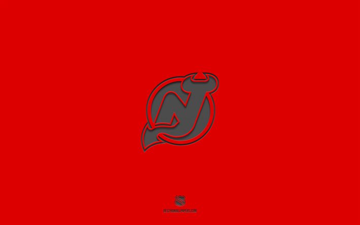 New Jersey Devils, fond rouge, &#233;quipe de hockey am&#233;ricaine, embl&#232;me des New Jersey Devils, NHL, USA, hockey, logo des New Jersey Devils