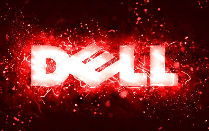 Dell kırmızı logo, 4k, kırmızı neon ışıklar, yaratıcı, kırmızı arka plan, Dell logosu, markalar, Dell