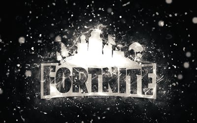 Logo blanc Fortnite, 4k, néons blancs, créatif, fond abstrait noir, logo Fortnite, jeux en ligne, Fortnite