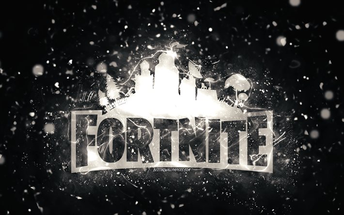 Fortnite vit logotyp, 4k, vita neonljus, kreativ, svart abstrakt bakgrund, Fortnite logotyp, onlinespel, Fortnite