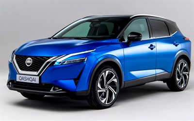Nissan Qashqai 2021, 4k, esterno, vista frontale, SUV, nuovo Qashqai blu, auto giapponesi, esterno Qashqai 2021, Nissan