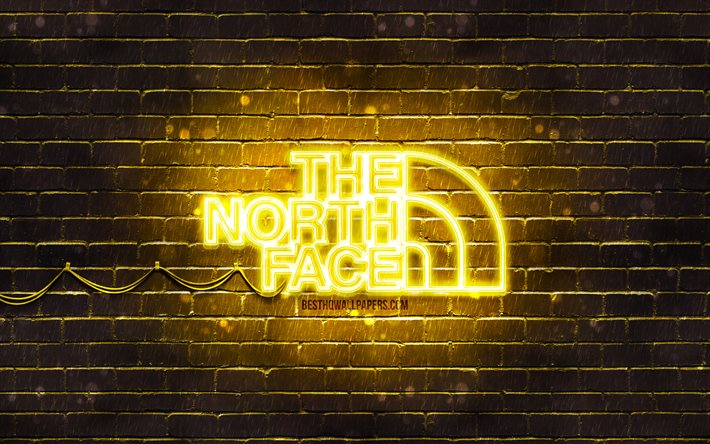 The North Face logo jaune, 4k, brickwall jaune, logo The North Face, marques, logo n&#233;on The North Face, The North Face