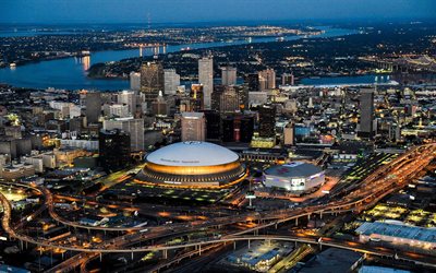Mercedes-Benz Superdome, New Orleans, Superdome, evening, sunset, New Orleans Saints Stadium, NFL, New Orleans panorama, New Orleans cityscape, skyscrapers, Louisiana, USA, New Orleans skyline