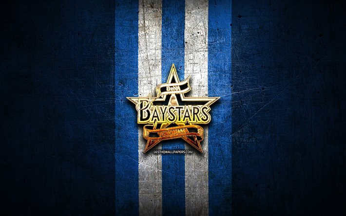 Yokohama BayStars, gyllene logotyp, NPB, bl&#229; metallbakgrund, japanskt basebollag, Nippon Professional Baseball, Yokohama BayStars-logotyp, baseball, Japan