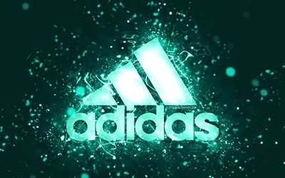 Adidas turkuaz logosu, 4k, turkuaz neon ışıkları, yaratıcı, turkuaz arka plan, Adidas logosu, markalar, Adidas
