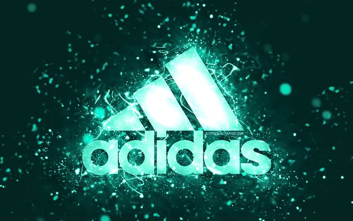 adidas t&#252;rkisfarbenes logo, 4k, t&#252;rkisfarbene neonlichter, kreativ, t&#252;rkisfarbener abstrakter hintergrund, adidas logo, marken, adidas