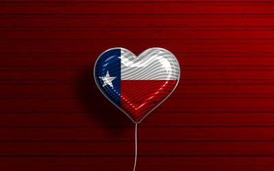 I Love Texas, 4k, realistic balloons, red wooden background, United States of America, Texas flag heart, flag of Texas, balloon with flag, American states, Love Texas, USA