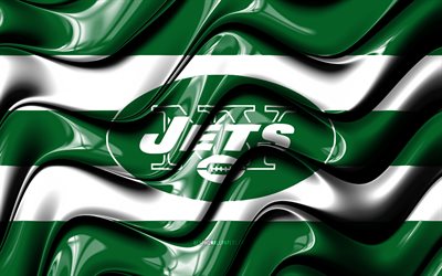 Bandiera dei New York Jets, 4k, onde 3D verdi e bianche, NFL, squadra di football americano, logo dei New York Jets, football americano, New York Jets, NY Jets