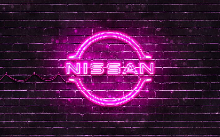 Logo viola Nissan, 4k, brickwall viola, logo Nissan, marchi di auto, logo Nissan al neon, Nissan