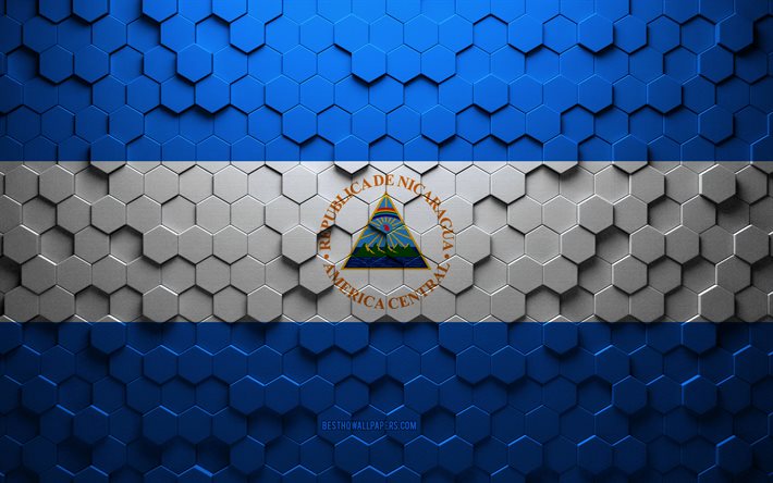 Drapeau du Nicaragua, art nid d’abeilles, drapeau hexagonaux nicaraguayen, Nicaragua, art hexagonaux 3d, drapeau nicaraguayen