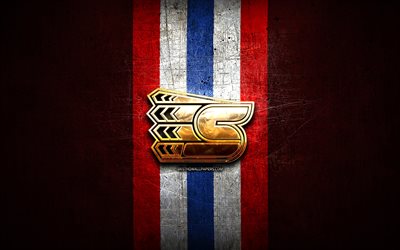 Spokane Chiefs, golden logo, WHL, red metal background, canadian hockey team, Spokane Chiefs logo, hockey, Canada