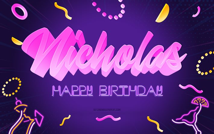 お誕生日おめでとうニコラス, 4k, 紫のパーティーの背景, ニコラス, クリエイティブアート, ニコラスの誕生日おめでとう, ニコラスの名前, ニコラスの誕生日, 誕生日パーティーの背景