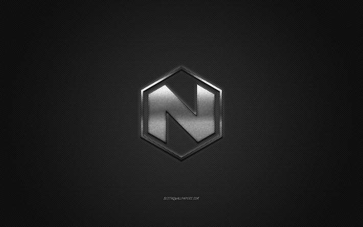 Nikola logo, silver logo, gray carbon fiber background, Nikola metal emblem, Nikola, cars brands, creative art