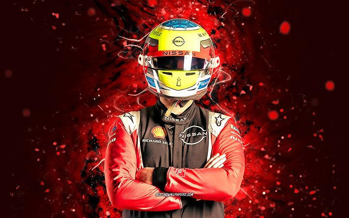 Oliver Rowland, 4K, red neon lights, british racing drivers, Driot-Arnoux Motorsport, Formula E, fan art, DAMS, Oliver Rowland 4K