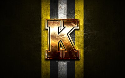 Kingston Frontenacs, kultainen logo, OHL, keltainen metallitausta, Kanadan j&#228;&#228;kiekkojoukkue, Kingston Frontenacsin logo, j&#228;&#228;kiekko, Kanada