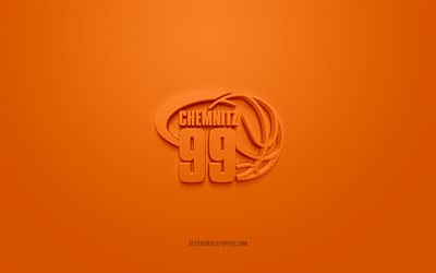 Niners Chemnitz, kreativ 3D-logotyp, orange bakgrund, BBL, Tysk basketklubb, Chemnitz 99, Basket Bundesliga, Chemnitz, Tyskland, 3d konst, basket, Niners Chemnitz 3d logotyp