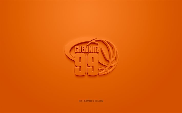 niners chemnitz, kreatives 3d-logo, orangefarbener hintergrund, bbl, deutscher basketball club, chemnitz 99, basketball bundesliga, chemnitz, deutschland, 3d-kunst, basketball, niners chemnitz 3d-logo