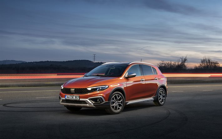 2021, Fiat Egea Cross, front view, exterior, new orange Egea Cross, Italian cars, Fiat