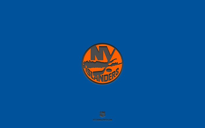 new york islanders, blauer hintergrund, amerikanisches eishockeyteam, new york islanders emblem, nhl, usa, hockey, new york islanders logo