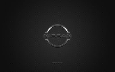 Nissan logo, silver logo, gray carbon fiber background, Nissan metal emblem, Nissan, cars brands, creative art
