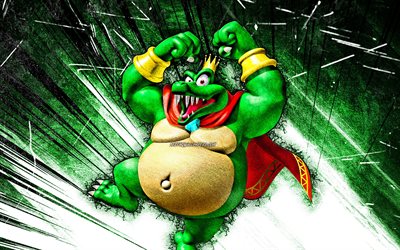 4k, King K Rool, grunge art, Super Mario, monstre de dessin anim&#233;, rayons abstraits verts, personnages de Super Mario, Super Mario Bros, King K Rool Super Mario