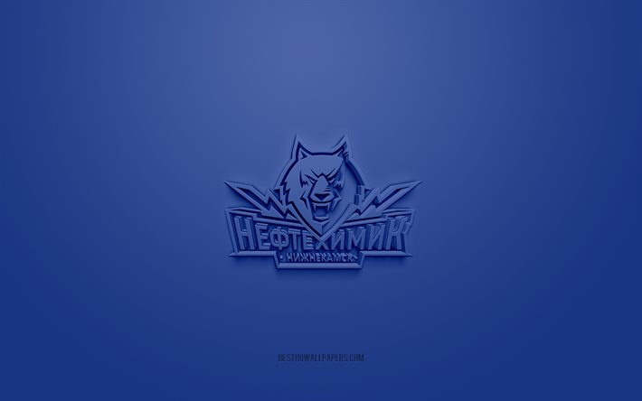 HC Neftekhimik Nizhnekamsk, blue background, KHL, 3d emblem, Russian hockey club, Kontinental Hockey League, Nizhnekamsk, Russia, hockey, HC Neftekhimik Nizhnekamsk 3d logo