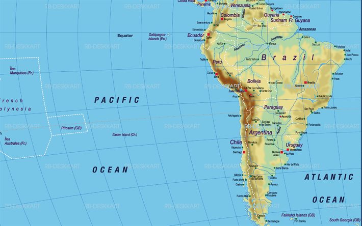 Geographic map of South America, USA map, South America continent, Brazil map, Argentina map, Geographic map of Brazil