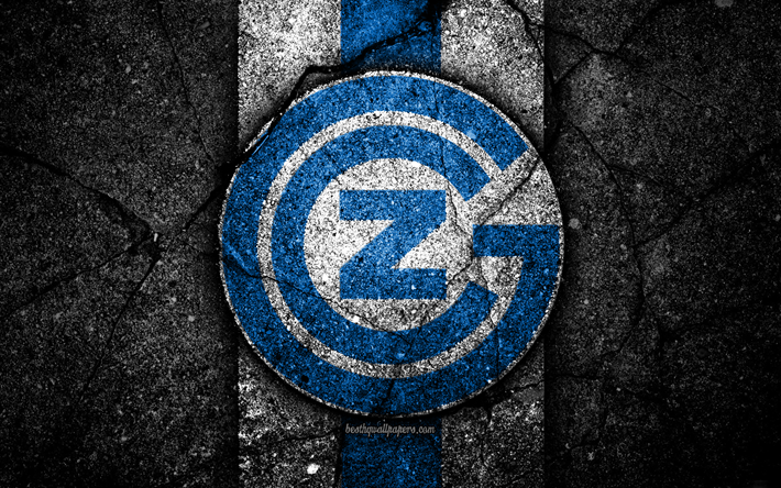 Gr&#228;shoppor, 4k, logotyp, Schweiz Super League, svart sten, fotboll, emblem, FC Grasshoppers, Schweiz, asfalt konsistens
