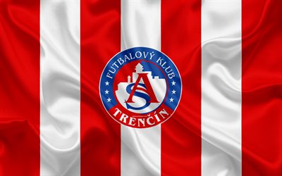 Trencin FC, 4k, silk texture, Slovak football club, logo, red white flag, Fortuna liga, Trencin, Slovakia, football, AS Trenc&#237;n