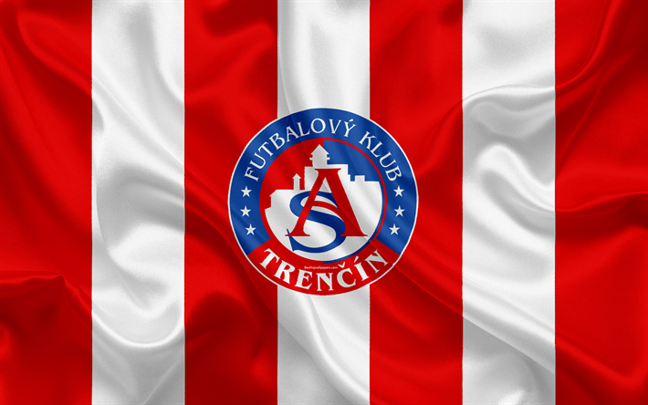 Trencin FC, 4k, シルクの質感, スロバキアサッカークラブ, ロゴ, 赤白旗, フォルトゥナリーガ, Trencin, スロバキア, サッカー, のTrenc&#237;n