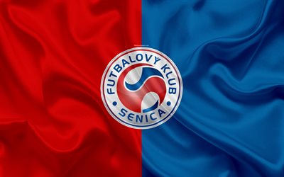 FK Senica, 4k, textura de seda, Eslovaca de futebol do clube, logo, vermelho bandeira azul, Fortuna liga, Senica, Eslov&#225;quia, futebol