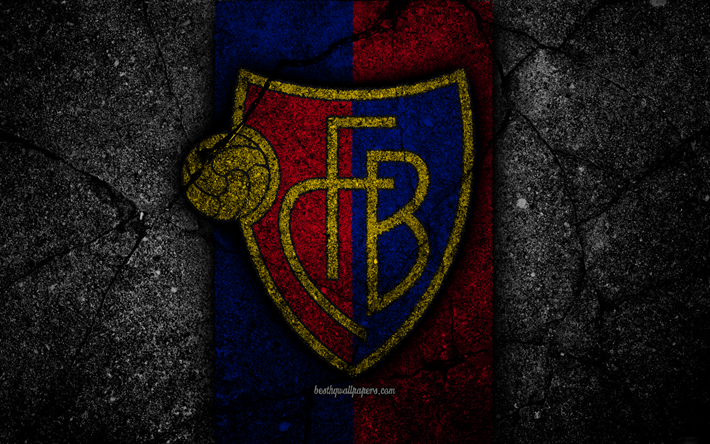Basilea, 4k, logo, Svizzera Super League, pietra nera, calcio, emblema, FC Basilea, in Svizzera, asfalto texture, Basilea FC