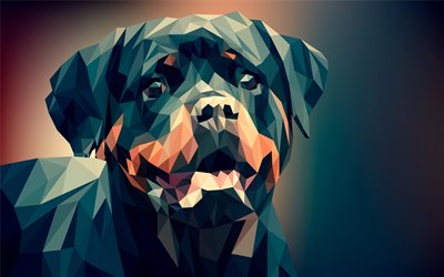 Rottweiler, 4k, モザイク, 犬, 創造, ポリゴン, Rottweiler犬, 幾何学
