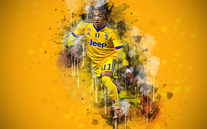 Douglas Costa, 4k, creativo salpicaduras de arte, futbolista Brasile&#241;o, salpicaduras de pintura, Juventus FC, Italia, el f&#250;tbol, el grunge