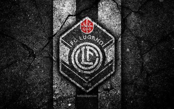 Lugano, 4k, logo, İsvi&#231;re S&#252;per Ligi, siyah taş, futbol, amblem, FC Lugano, İsvi&#231;re, asfalt doku, Lugano FC