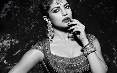 Priyanka Chopra, monochrome portrait, face, black and white photo, photoshoot, Indian actress, Bollywood, Hollywood star, fashion model