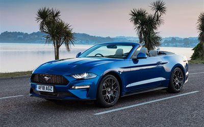 Ford Mustang, 2018, bleu cabriolet, coup&#233; sport, la nouvelle Mustang bleu, coucher de soleil, etats-unis, les voitures Am&#233;ricaines, Ecoboost, Cabriolet, Ford